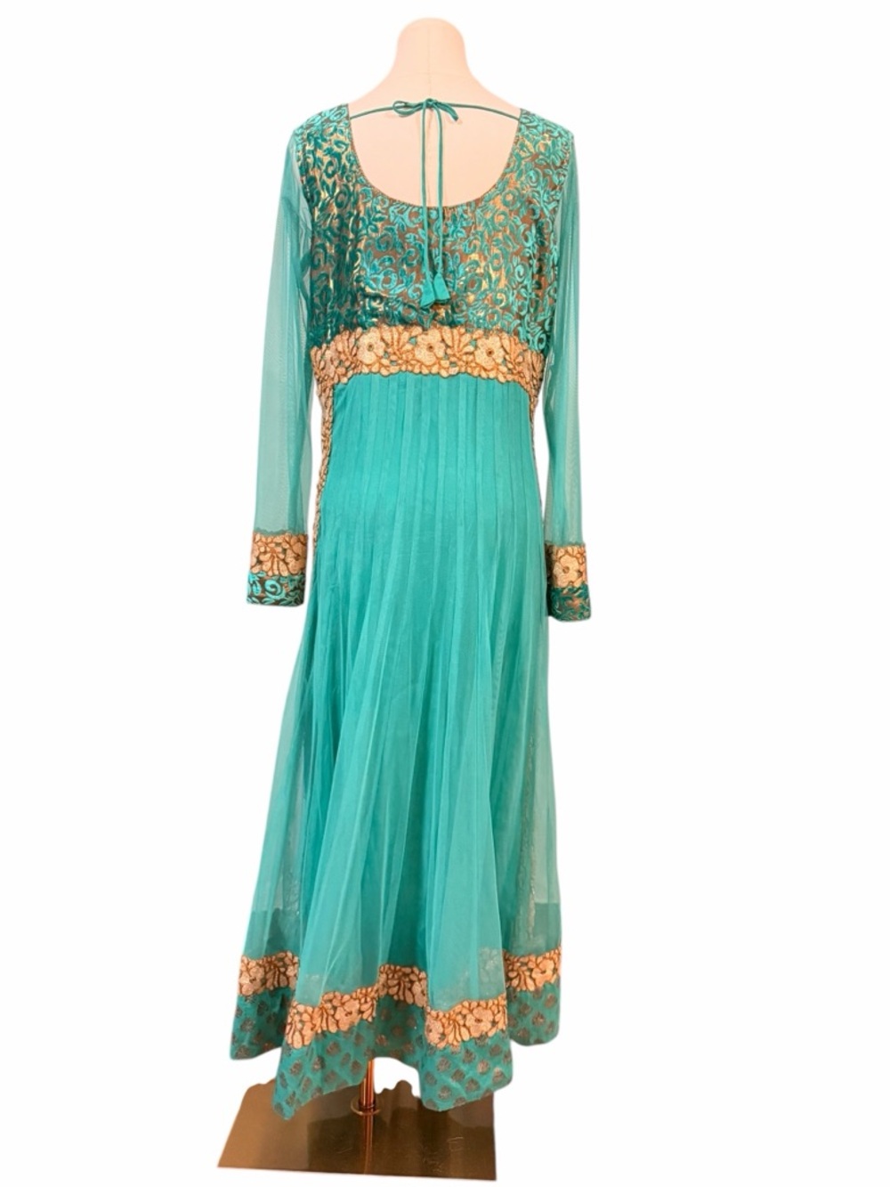 Turquoise Gold Anarkali Maxi Dress Indian Wedding Guest Bollywood Gown Medium - Picture 3 of 16